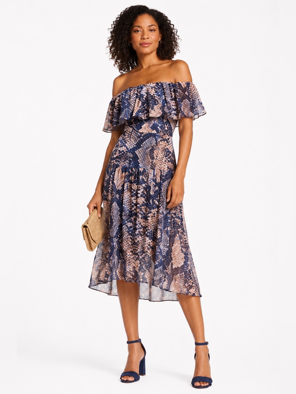 Cooper St Boa Off Shoulder Snake Print Dress Blue Chiffon Size 2 NWOT